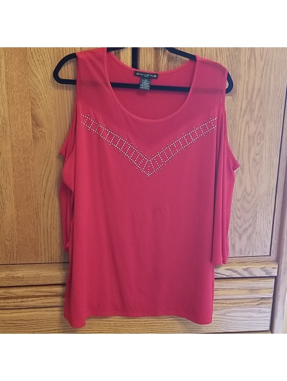 Suzie In The City Red Cold Shoulder Blouse with Sheer Chest and Silver Embellish